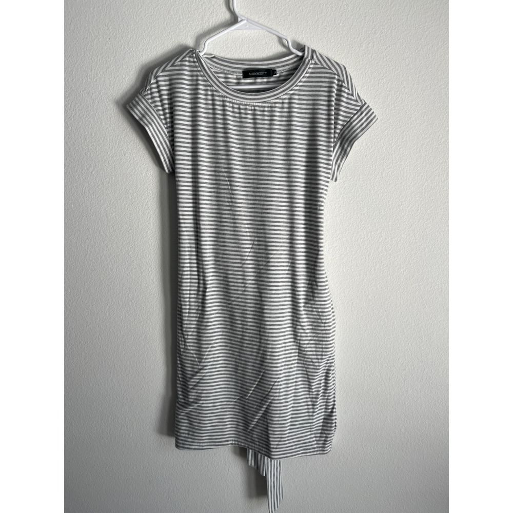 Merokeety T Shirt Dress Womens‎ Medium Gray White Striped Tie Waist Round Neck